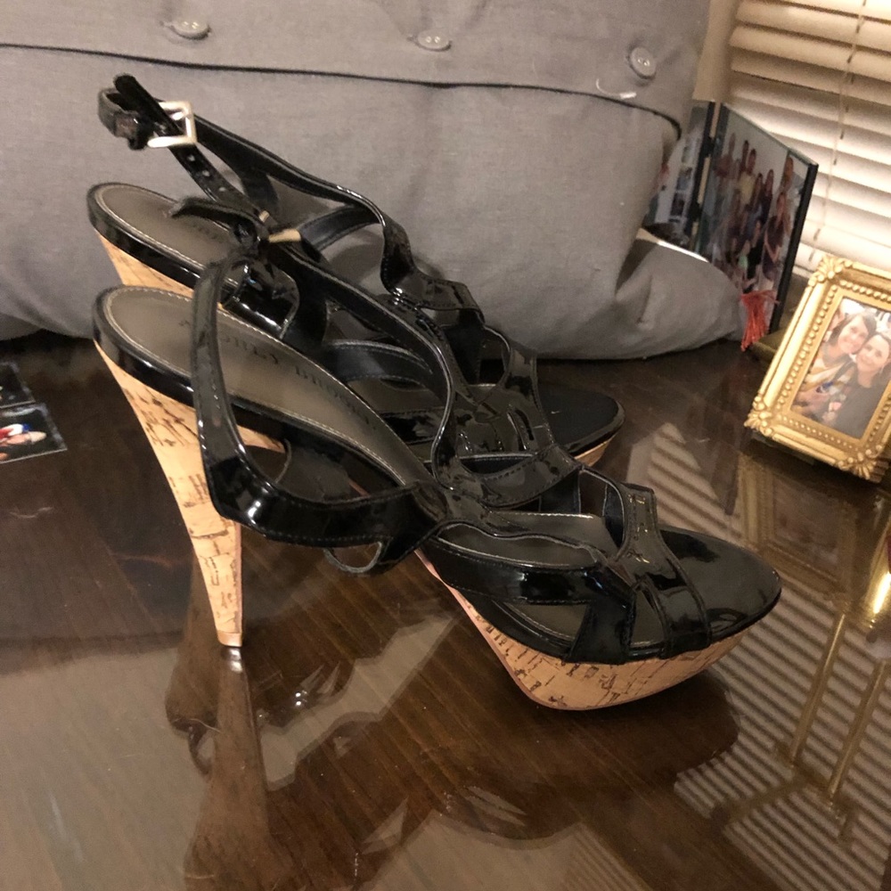 Black patent leather heels with cork platforms